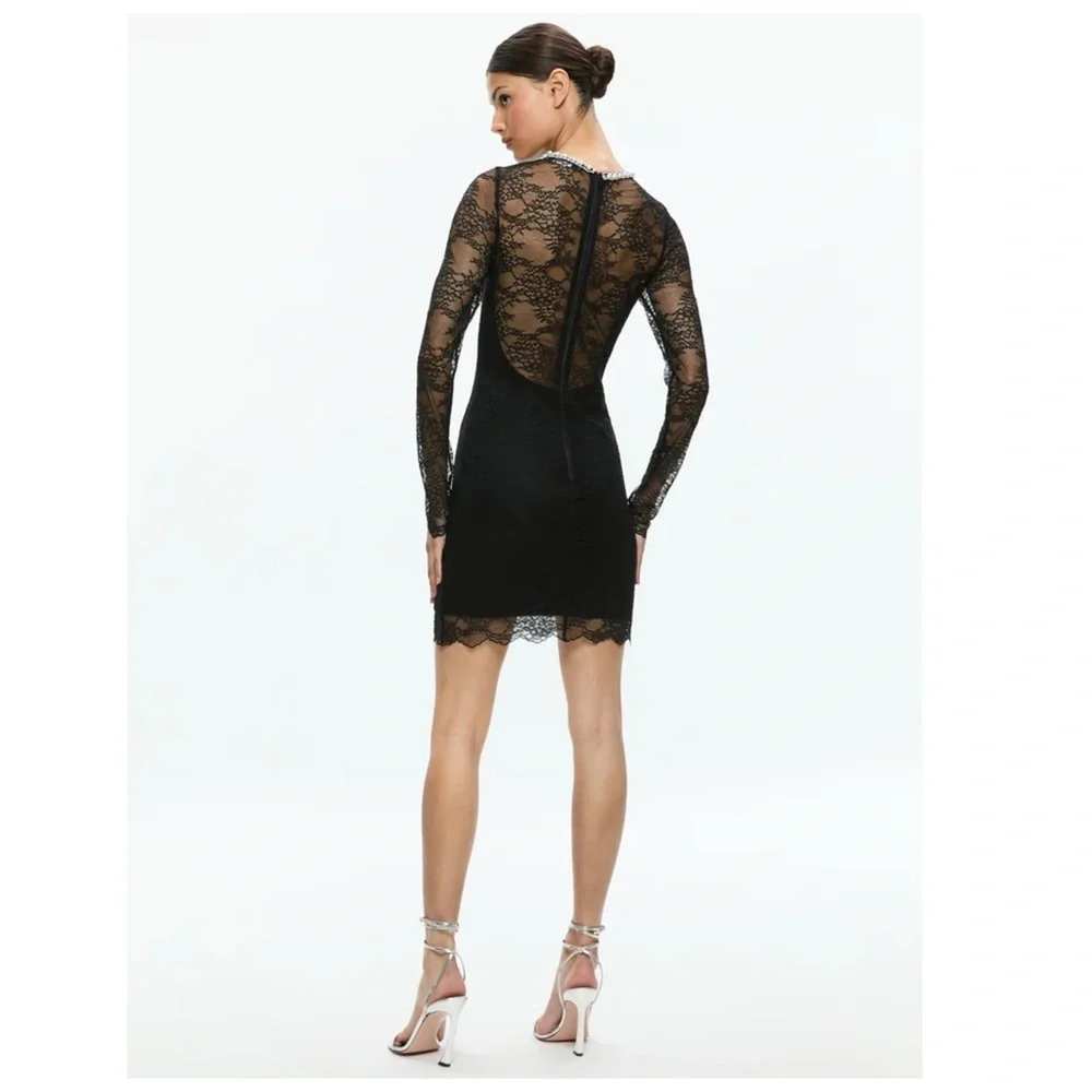 New! ALICE + OLIVIA “Delora” Embellished Neck Black Lace Mini Dress - Picture 5 of 11
